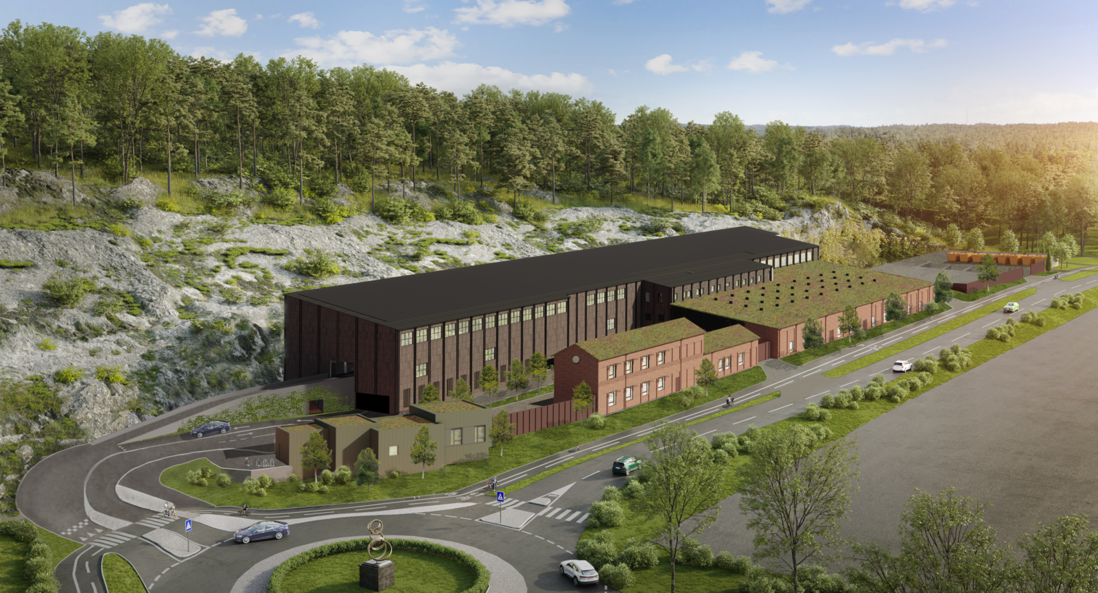 Visionsbild av Kretsloppsparken där man ser en lång huslänga med väg och skog runt om.