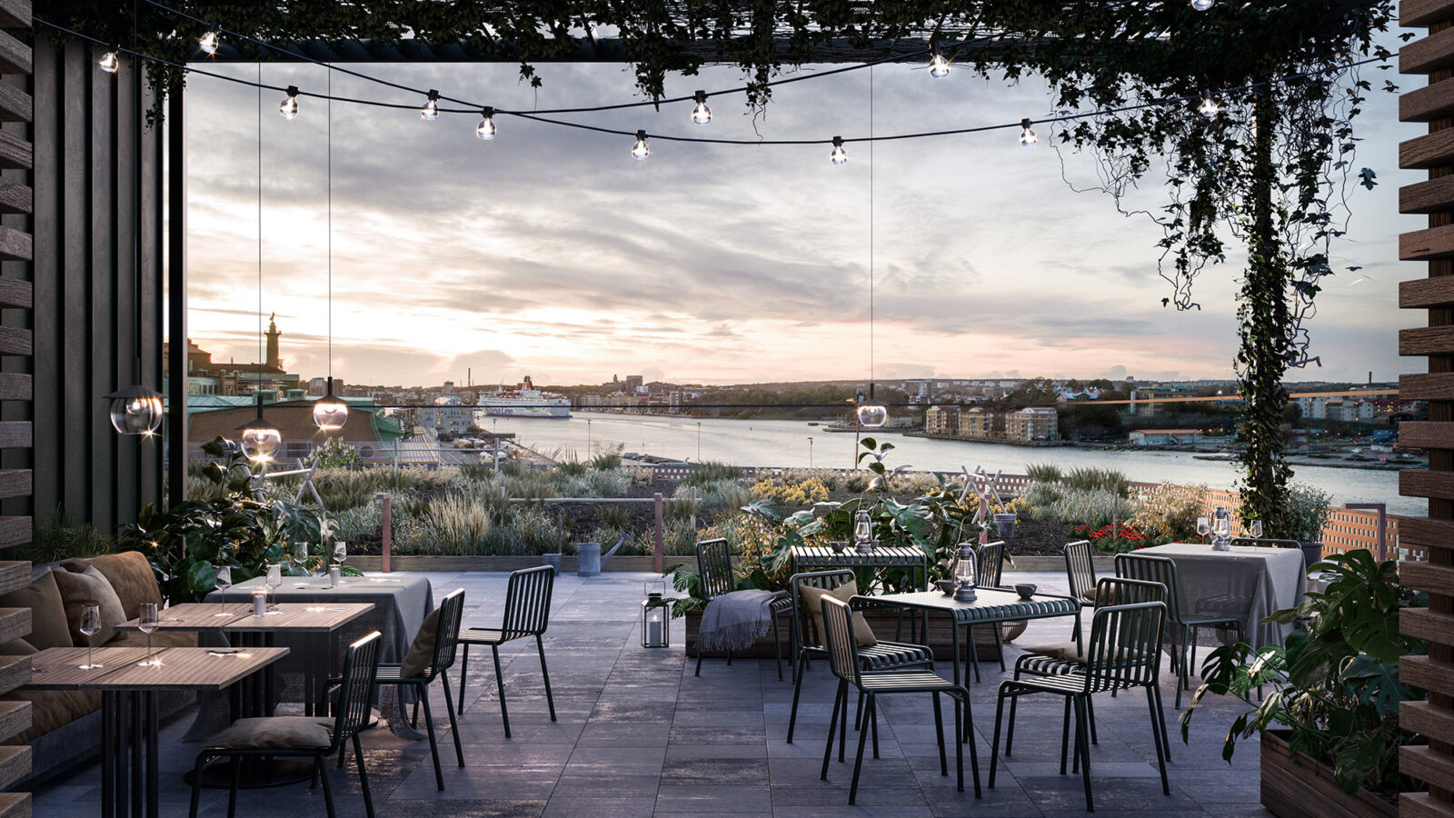 En terrass med restaurangmöbler och utsikt över hav och land